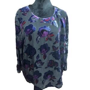 Coldwater Creek Sheer Overlay Shirt Black Velvet Floral L whimsical witchy